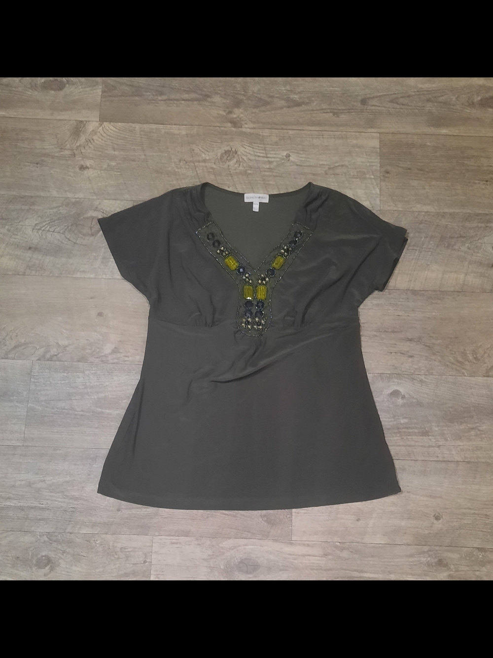 Fashion Bug Olive Green Beaded V-Neck Short Sleeve Top